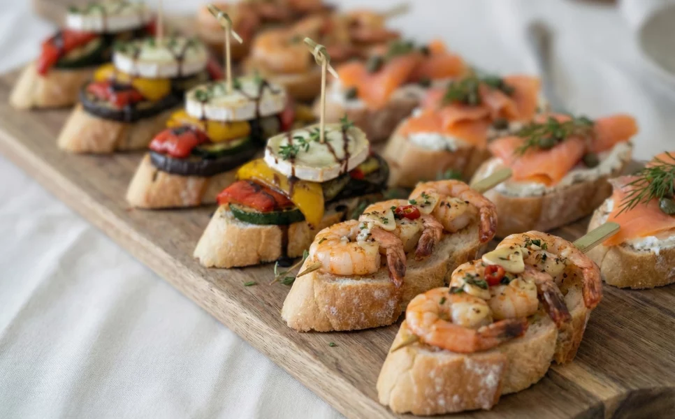 Canapés mit Garnelen, Lachs, Gemüse, Camembert